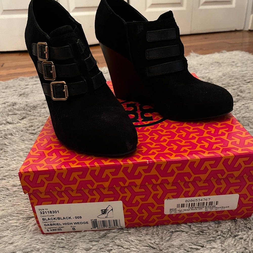 Tory Burch Black Wedge Shoes with Buckle Detail